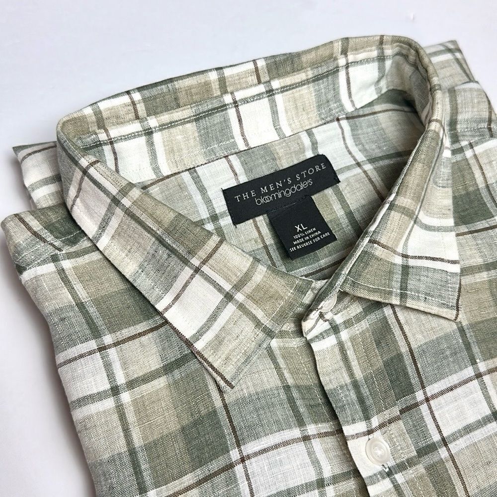 The Men’s Store Bloomingdale’s Linen Shirt Button Up Long Sleeve Green Plaid XL